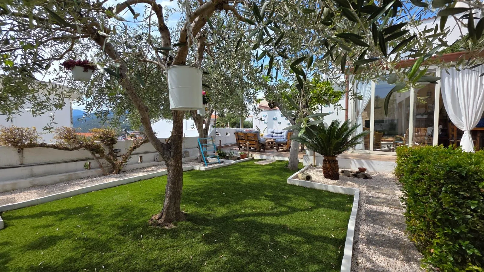 Il giardino con l’ulivo sul prato verde, la veranda a vetri con le tende bianche e la terrazza sullo sfondo